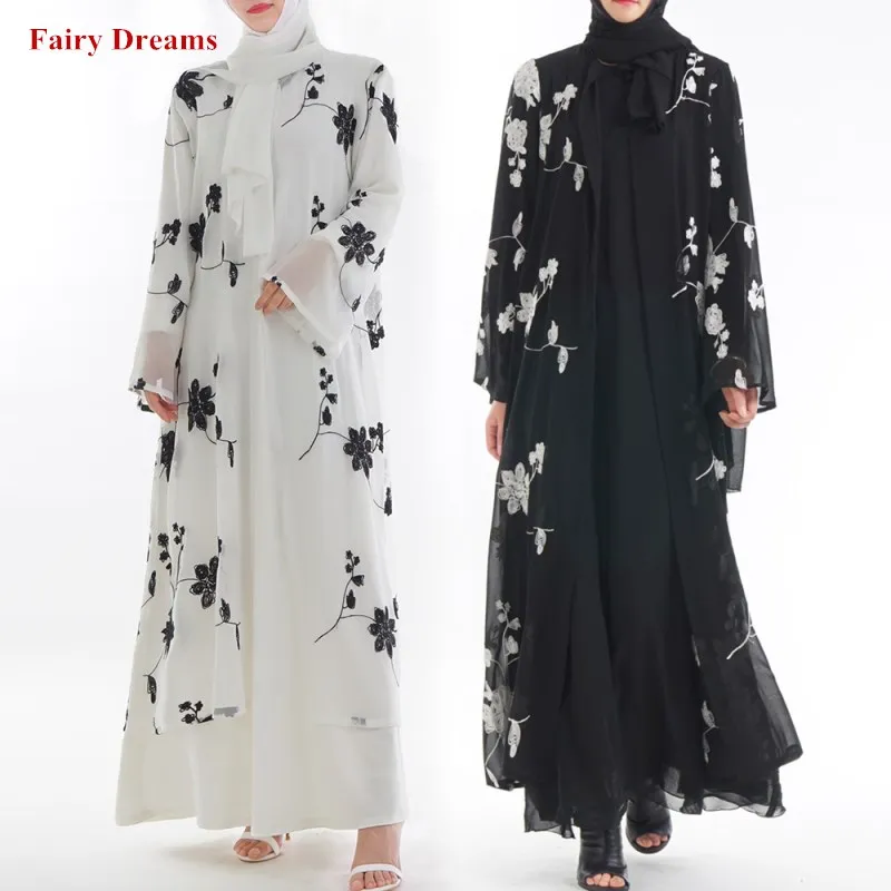 

Front Open Black White Abaya Dubai Women Muslim Dress Hijab Embroidery Bangladesh Turkey Turkish Cardigan Bolero Islamic Clothes