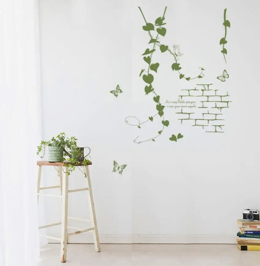 

Delicate Parlor Art Korean Modern Living Room Green Rattan Vines Butterfly PVC Decorative Wall Sticker Simple Aesthetic Decor