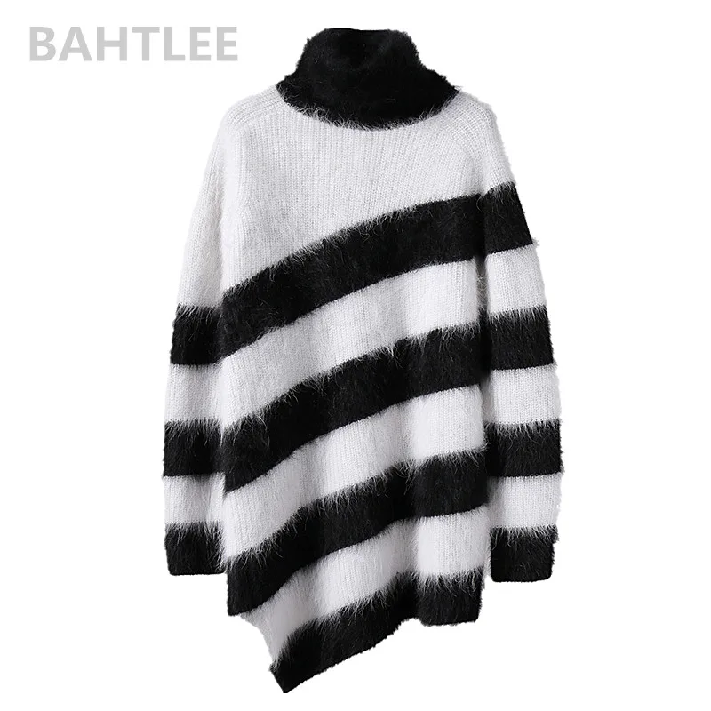 BAHTLEE, осенне-зимний женский шерстяной пуловер с воротником-хомутом из ангоры и кролика, свитер с круглым вырезом, модный бренд, сохраняющий тепло, свободный - Цвет: BLACK