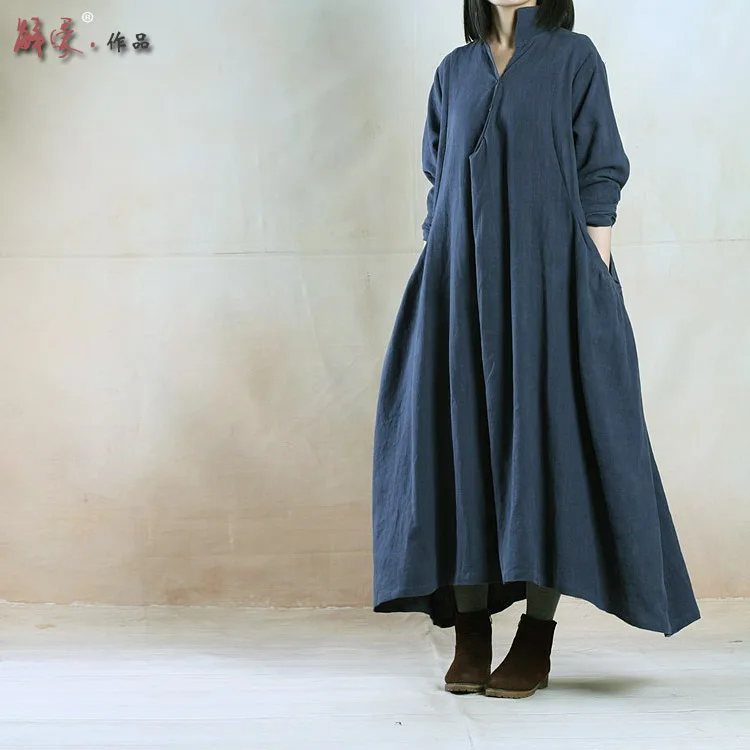 

Original design long women's stand collar button loose one-piece dress thick linen 15819