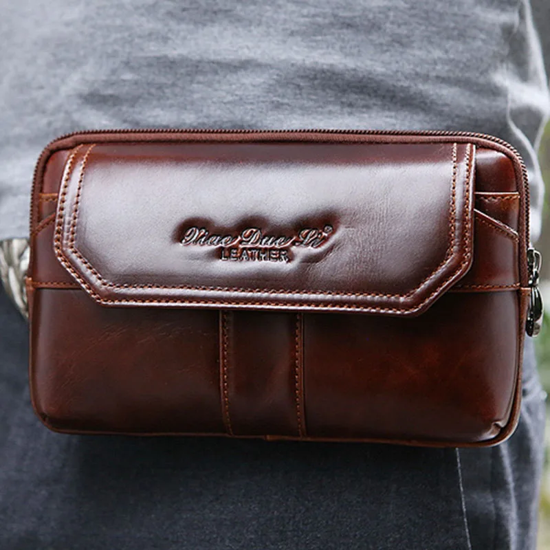 

New Men Oil Wax Cowhide Clutch Bag for Men Fanny Waist Pack Coin Purse Cell/Mobile Phone Case Pocket Hip Belt Leather Bag