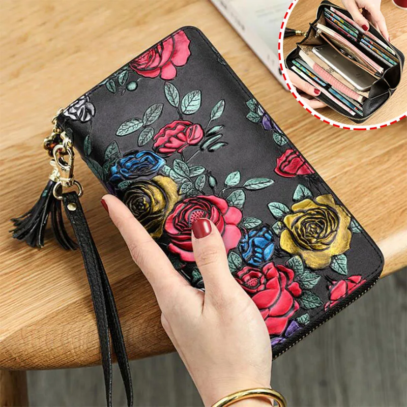 Carteira de Couro Genuíno para Mulheres Embreagem Novo Rosa Flor Carteiras Feminino Bolsa Longo Zíper Portfel Damski Portfele Walet 2020 3d