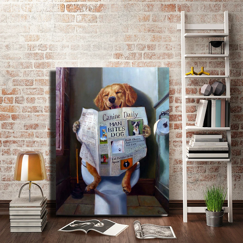 Cute Posters And Prints Bathroom Room Decor Wall Art Prints Funny Dog Toilet Reading Paper Home Decoration Nordic Canvas Art