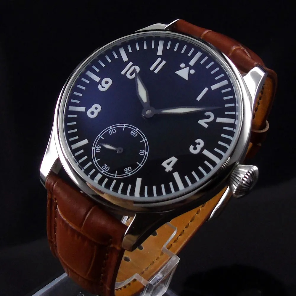 

47mm parnis Black Dial Leather strap 2019 Hop Fashion 17 jewels 6498 Movement Hands Wind Mechanical men's Watch