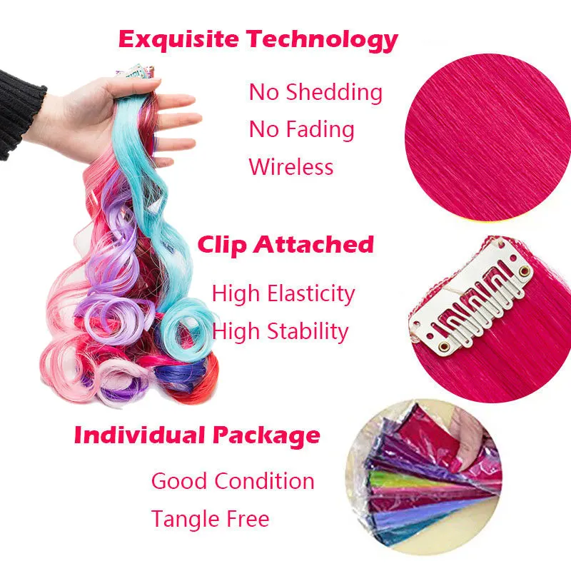 SNOILITE 22inch 10pcs/lot Clip in one piece Hair Extensions curl Long Synthetic For Women Hair Piece curly Rainbow Colors hairs