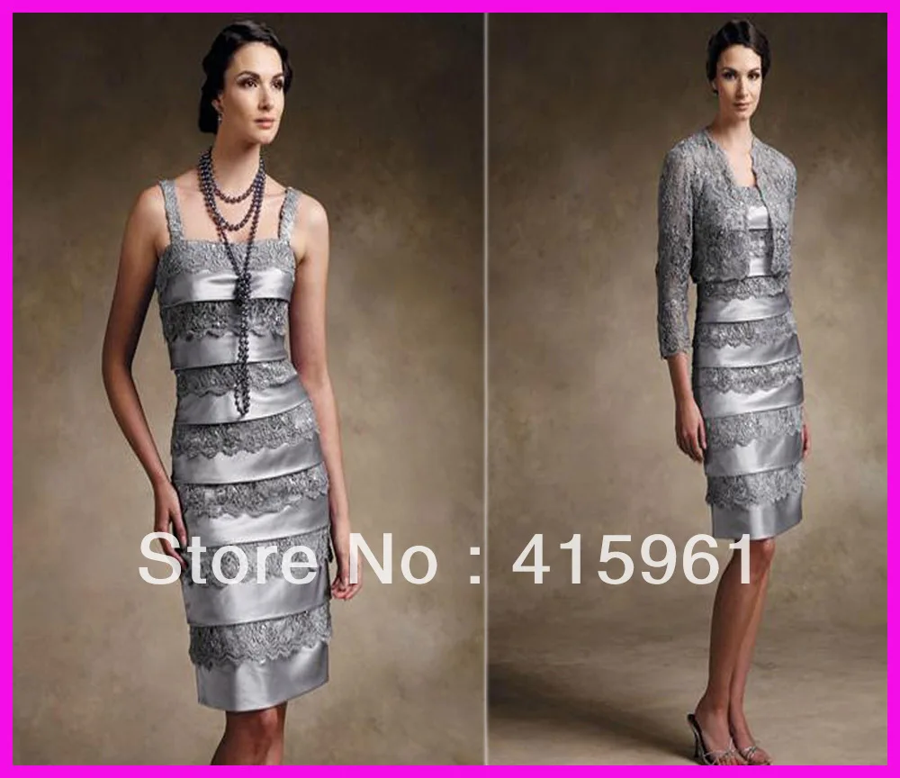 

Silver Beaded Short Sheath Mother of Bride/Groom Dresses Gowns With Lace Jacket M382