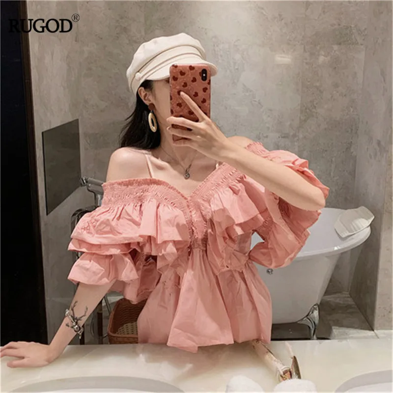 

RUGOD 2019 korea summer women slash v -neck off shoulder spaghetti strap t-shirts super fairy pullover embroidery tops casual