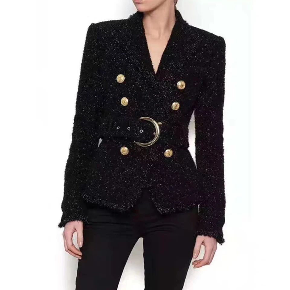 Высокое качество, зимний черный блейзер для женщин, двойная Золотая пуговица, блестящий шерстяной ремень, тонкое короткое пальто, куртка, офисный костюм, пиджаки для женщин