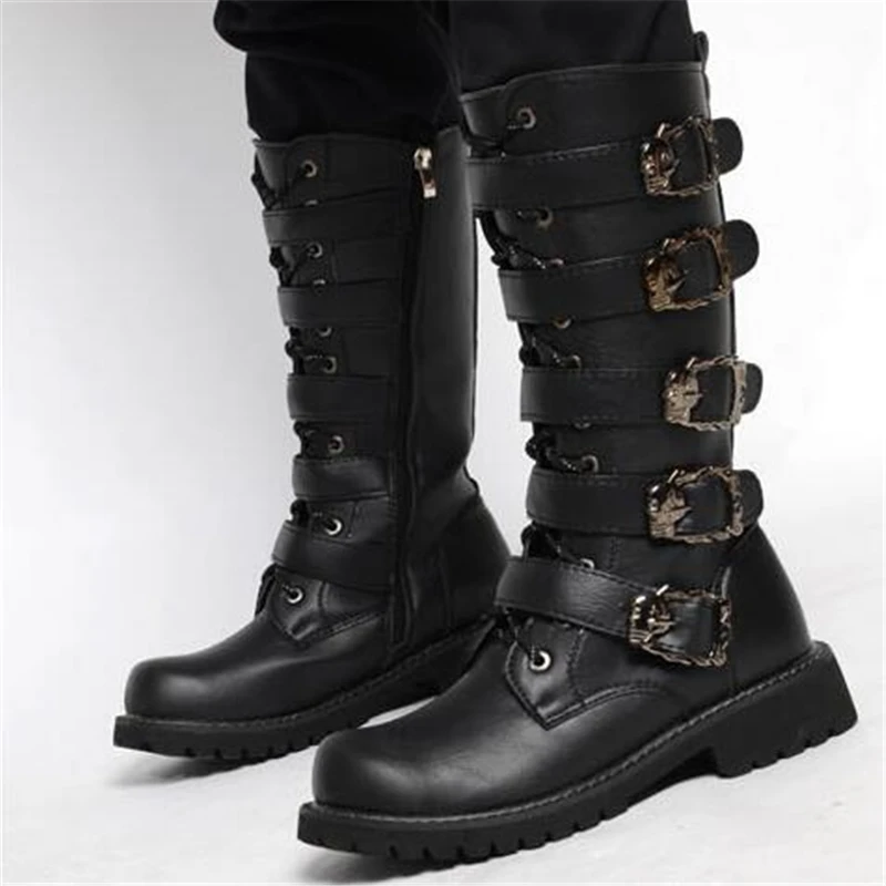  Men's Leather Motorcycle Boots Mid-calf Military Combat Boots Gothic Belt Punk Boots Men Shoes Tact