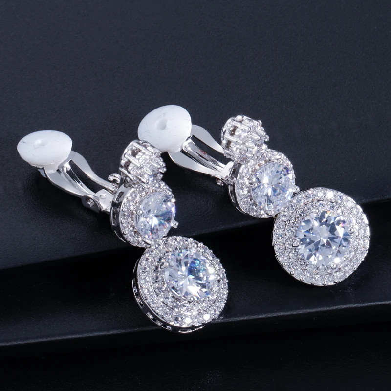CWWZircons Clip on Ear Round Drop Cubic Zirconia Non Pierced Earrings Fashion Wedding Jewelry Womens Accessories CZ427 2
