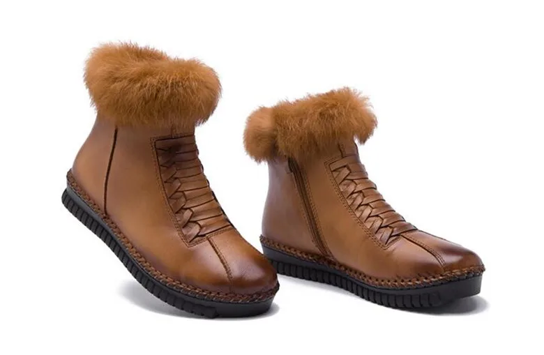 TIMETANG/Новинка; повседневные женские зимние ботинки с боковой молнией; кожаная обувь ручной работы; женские ботинки из кроличьей шерсти; ботильоны на платформе