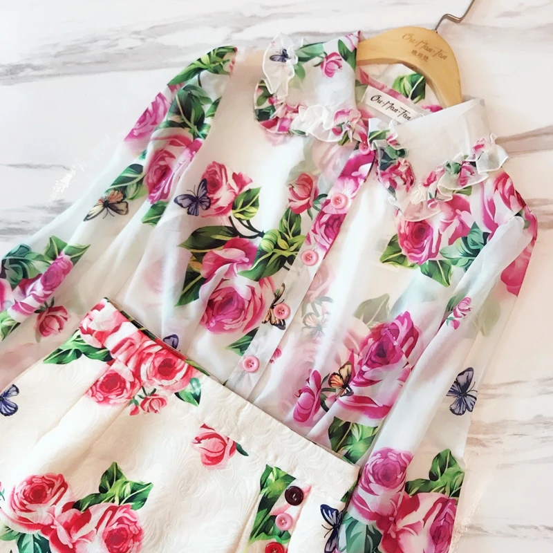 

Romantic Rose Printed Fashion Chiffon Shirt Full Sleeves Turn-Down Neck High Quality Loose Casual Lady Blouse Clothes SET