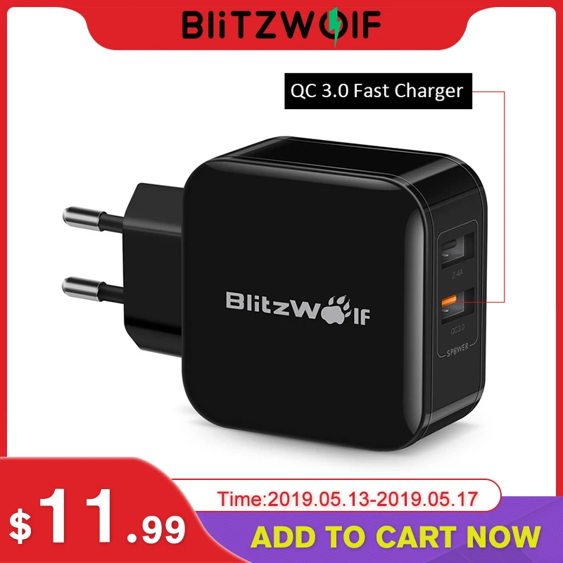 BlitzWolf QC3.0+2.4A 30W Dual USB Charger Mobile Phone Fast Charger EU Adapter Travel Wall Charger For iphone 8 8 Plus X