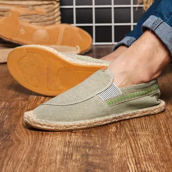 

QWEDF men's casual canvas loafers flat hemp bottom Espadrilles driving soft shoes for holiday beach sailing Bohemian style G2-96