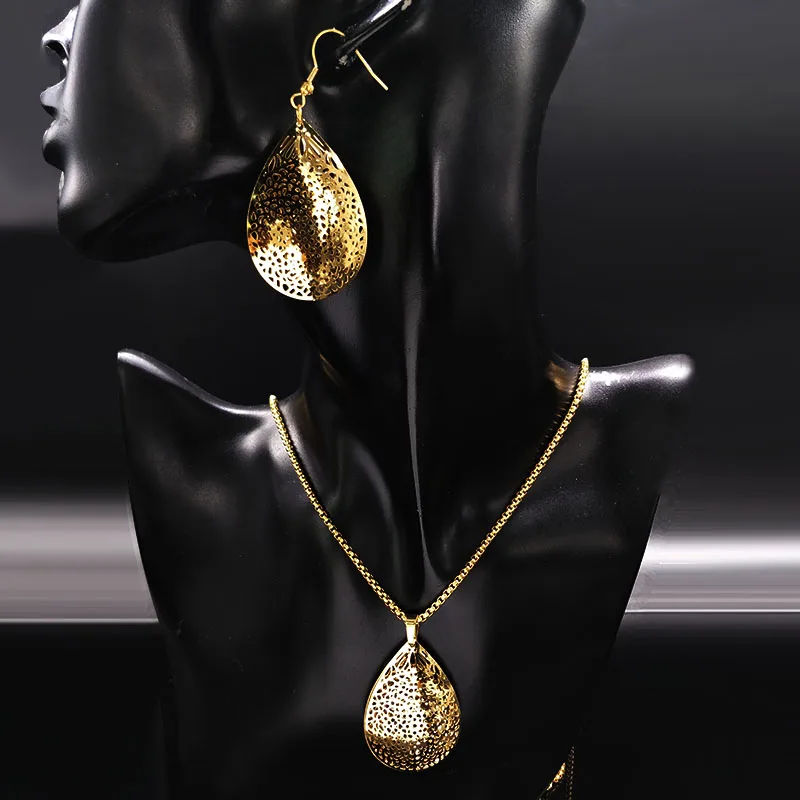 Полые дубайские Золотые Ювелирные наборы из нержавеющей стали женские листья ожерелье серьги набор ювелирных изделий parure bijoux femme S178308