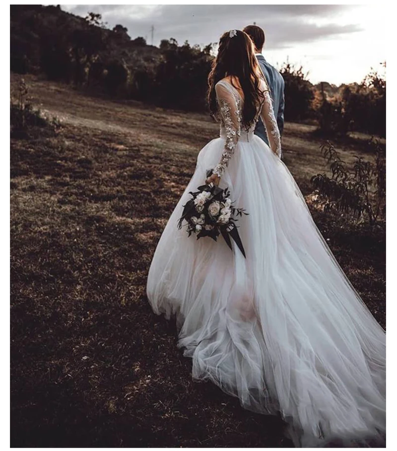 

Graceful White Ivory Long Sleeves Tulle Appliques Lace Wedding Dress Robe De Mariee Sofuge Boho Dubai Arabic Abiti Da Sposa