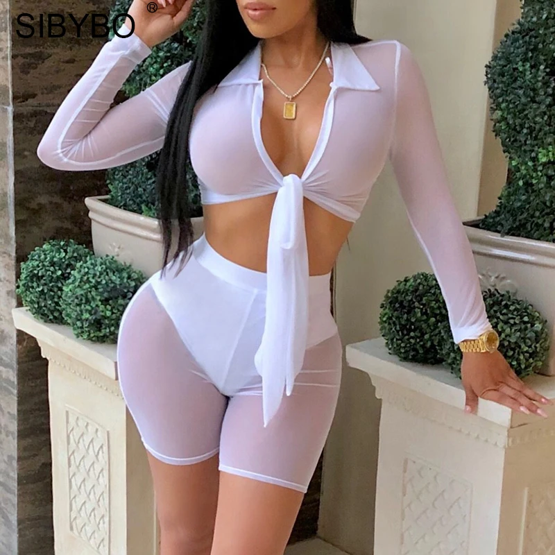 

Sibybo 2 Piece Lace Up Bodycon Short Jumpsuit Women Rompers Autumn Sexy V Neck Crop Top Black Mesh Perspective Bodysuit Overalls