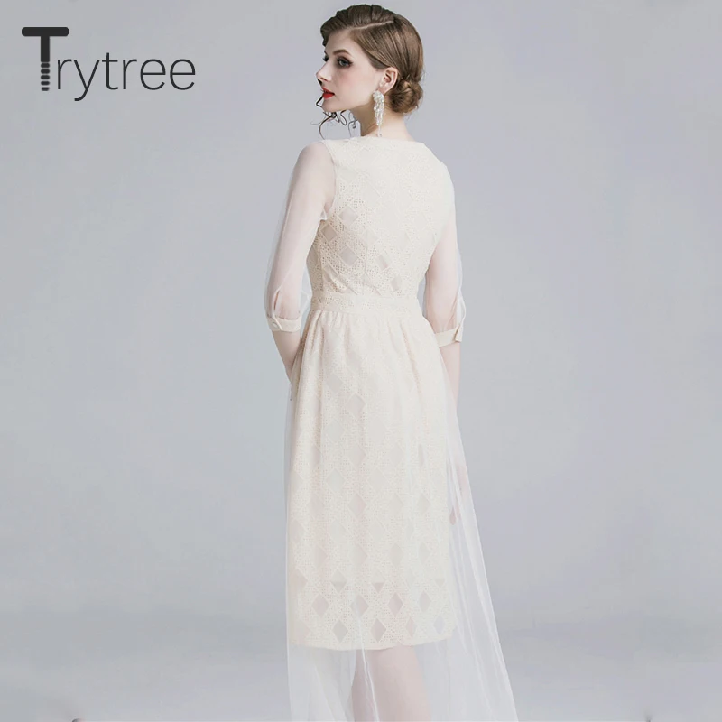 Trytree, летнее, осеннее платье, с вырезом, с круглым вырезом, в сетку, с геометрическим рисунком, кружевное, женское платье, полупрозрачное, с рукавом, ТРАПЕЦИЕВИДНОЕ, Повседневное платье