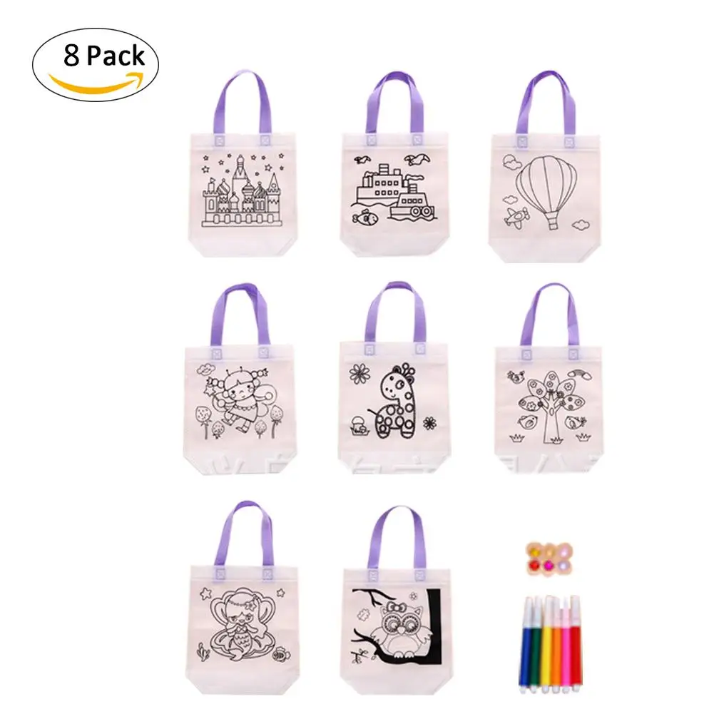 

8 PCS/Set DIY Children Hand Painting Handheld Canvas Bag Handmade Graffiti White Graffiti Material with Different Patterns