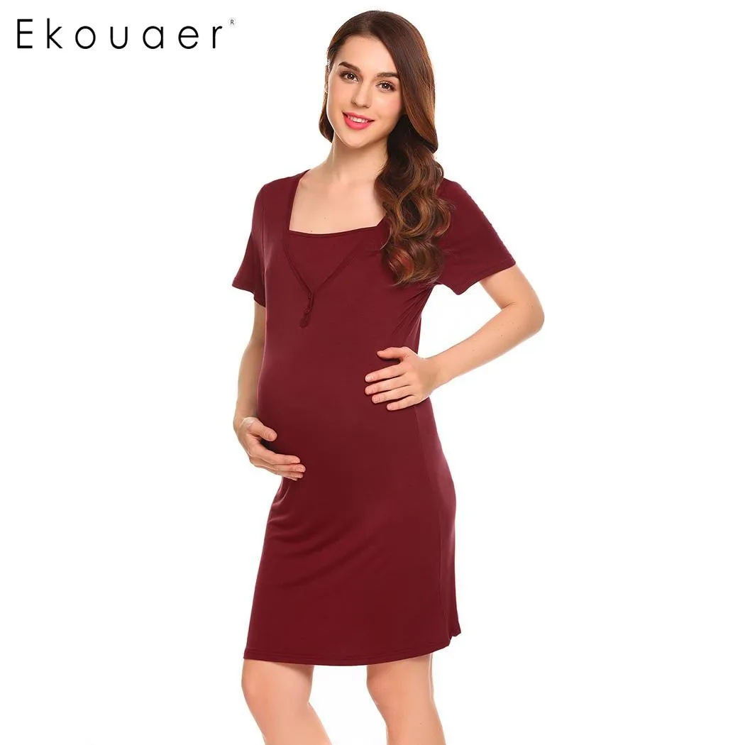 Ekouaer Pregnant Nightgown Women Soft Short Sleeve V Neck Solid ...
