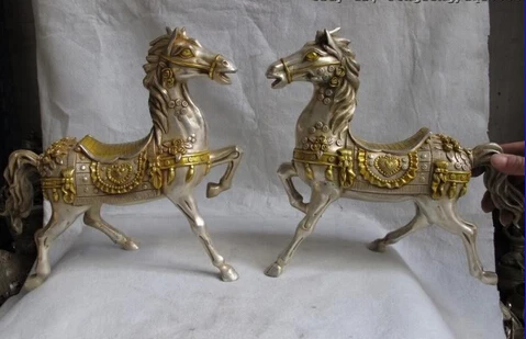 

S07130 China White Copper Silver Gilt FengShui Money wealth Lucky Run Horse Statue Pair