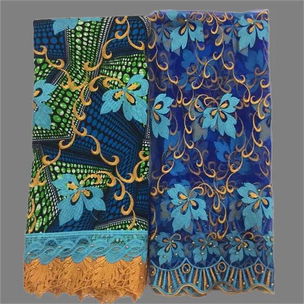 

Graceful embroidery African beaded wax cord lace fabric(6y) and 2y French net lace fabric for sewing WNL25