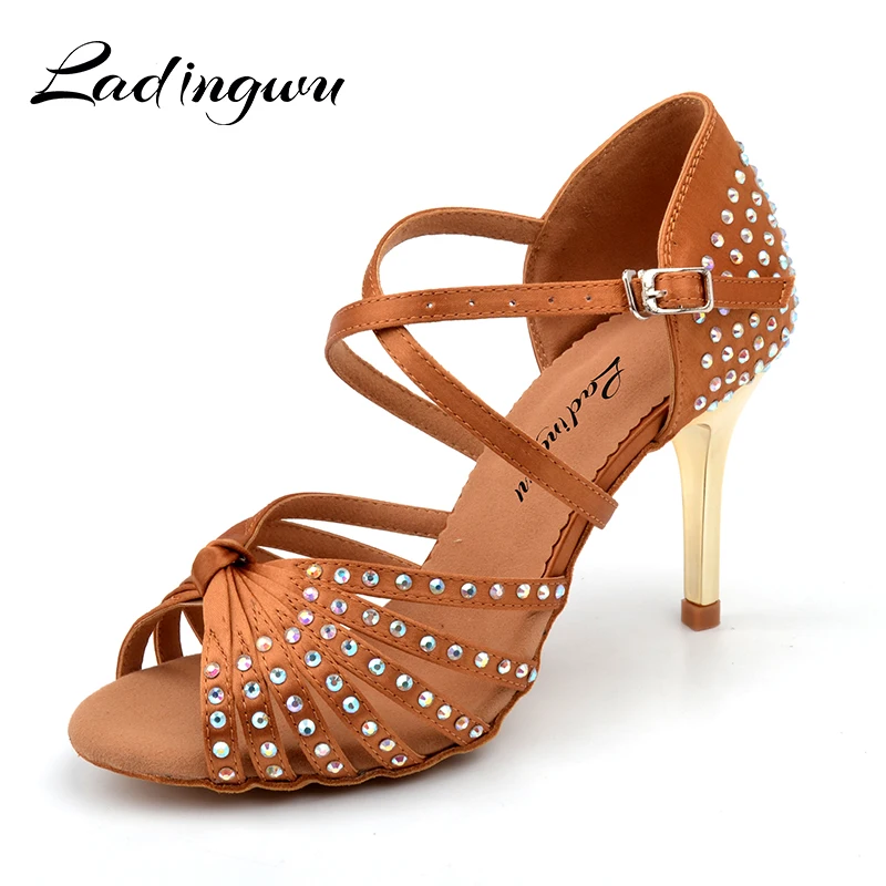 Ladingwu Dance Latin Shoes for Women Satin brown/Black Ballroom Dancing ...