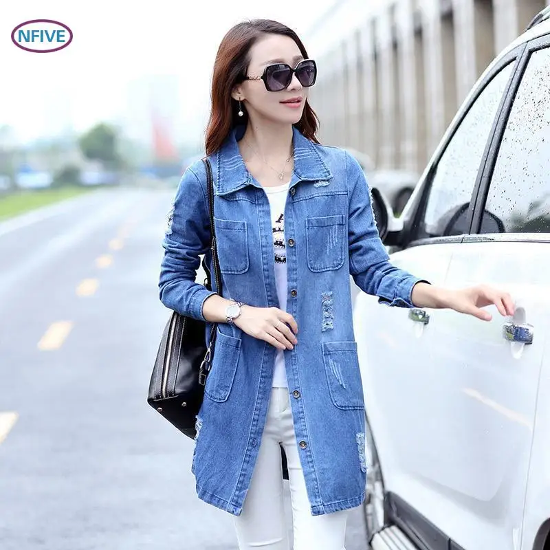 NFIVE Brand 2018 Woman Slim Solid Jackets New Fashion Spring And Autumn Korean Single Breasted Broken Hole Long Casual Jacket | Женская