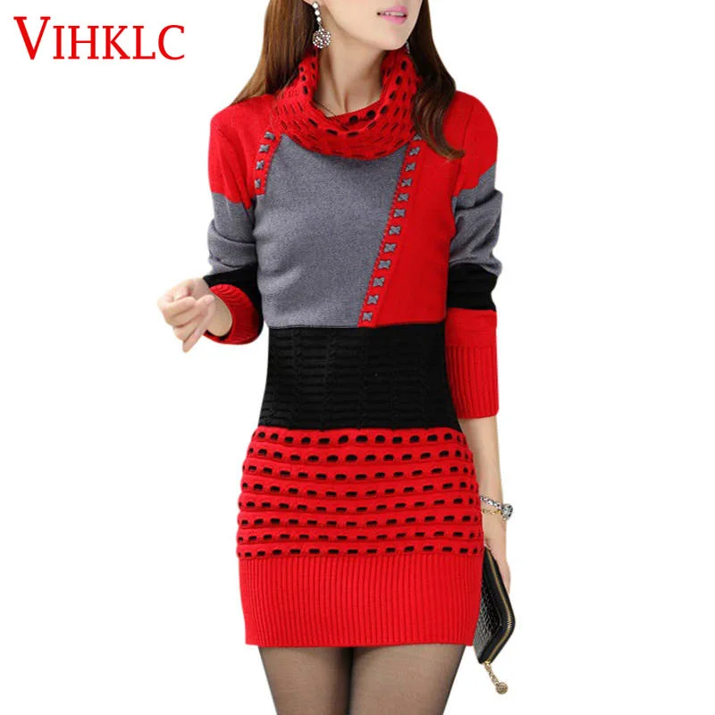 2017 новое модное женское зимнее платье Водолазка с длинным рукавом Трикотажное