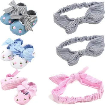 

Cute Baby Girls Crib Shoes Non-Slip Bowknot Floral Shoes Newborn Infant Baby Shoes+Headband Set
