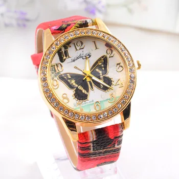 

2019 New best selling top brand butterfly pattern diamond dial leather strap watch Casual Fashion luxury Women's quartz watch