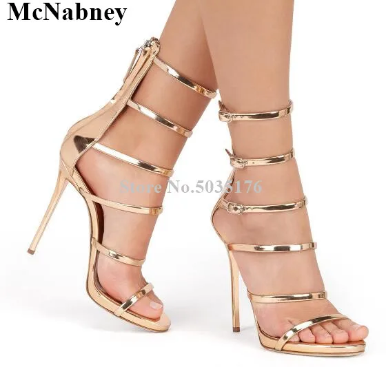 

Gold New European Peep Toe Narrow Band Boots Buckle Strap Stiletto Heel Mid-Calf Boots Zip Ladies Boots Summer Women Shoes