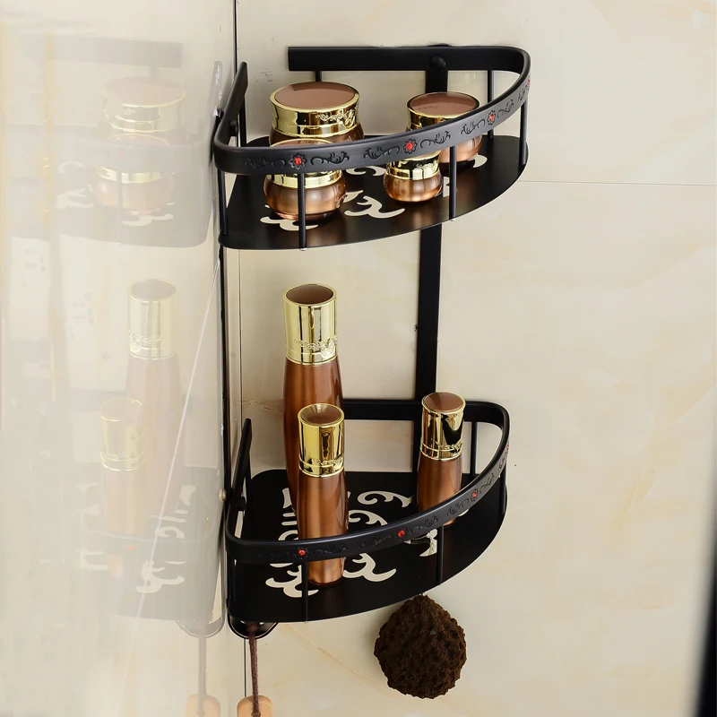 MEEVOGO Black Carving Bathroom Shelf Accessories Dual Tier Double Triangle Wall Mounted banheiro salle de bain ZWJA513