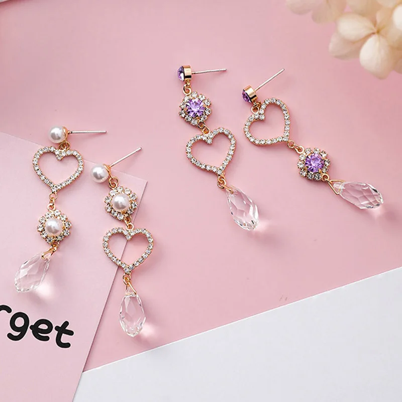 

2018 Luxury Vintage Simulated Pearl Rhinestone Heart Waterdrop Crystal Drop Earrings for Women Wedding Party Charm Jewelry Gift