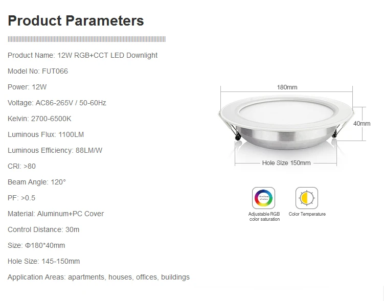 Mi Light 6W/12W RGBCCT (RGB+Warm White/White) led downlight by wifi led controller 2.4G Remote Control Brightness Dimmer angled downlights
