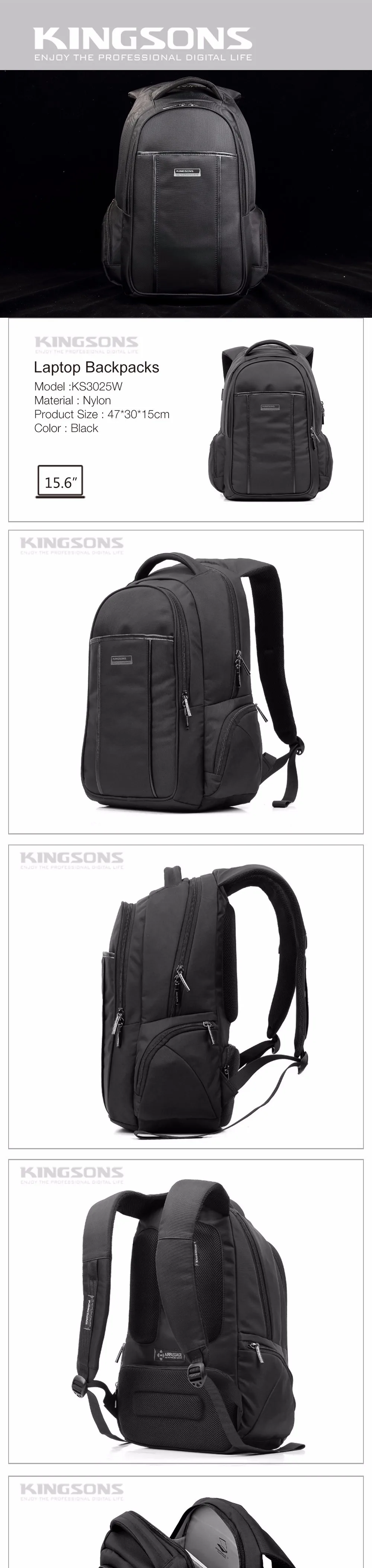 Мужской рюкзак Kingsons, 15,6 дюймов, рюкзак для ноутбука, компьютера, ноутбука, водонепроницаемый мужской рюкзак, черный школьный рюкзак для мальчиков-подростков