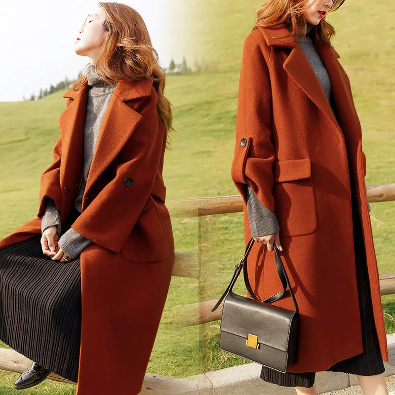 

2018 New autumn and winter woolen coat Women Large size Loose Thin Long section Over the knee Leisure