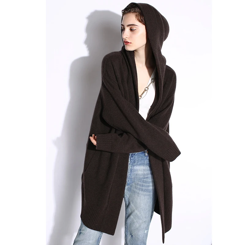 HZYRMY 2018 Autumn Winter New Women' Cashmere Cardigan Fashion Soft Pure color High-Quality Coat Loose With cap Long Warm Jacket