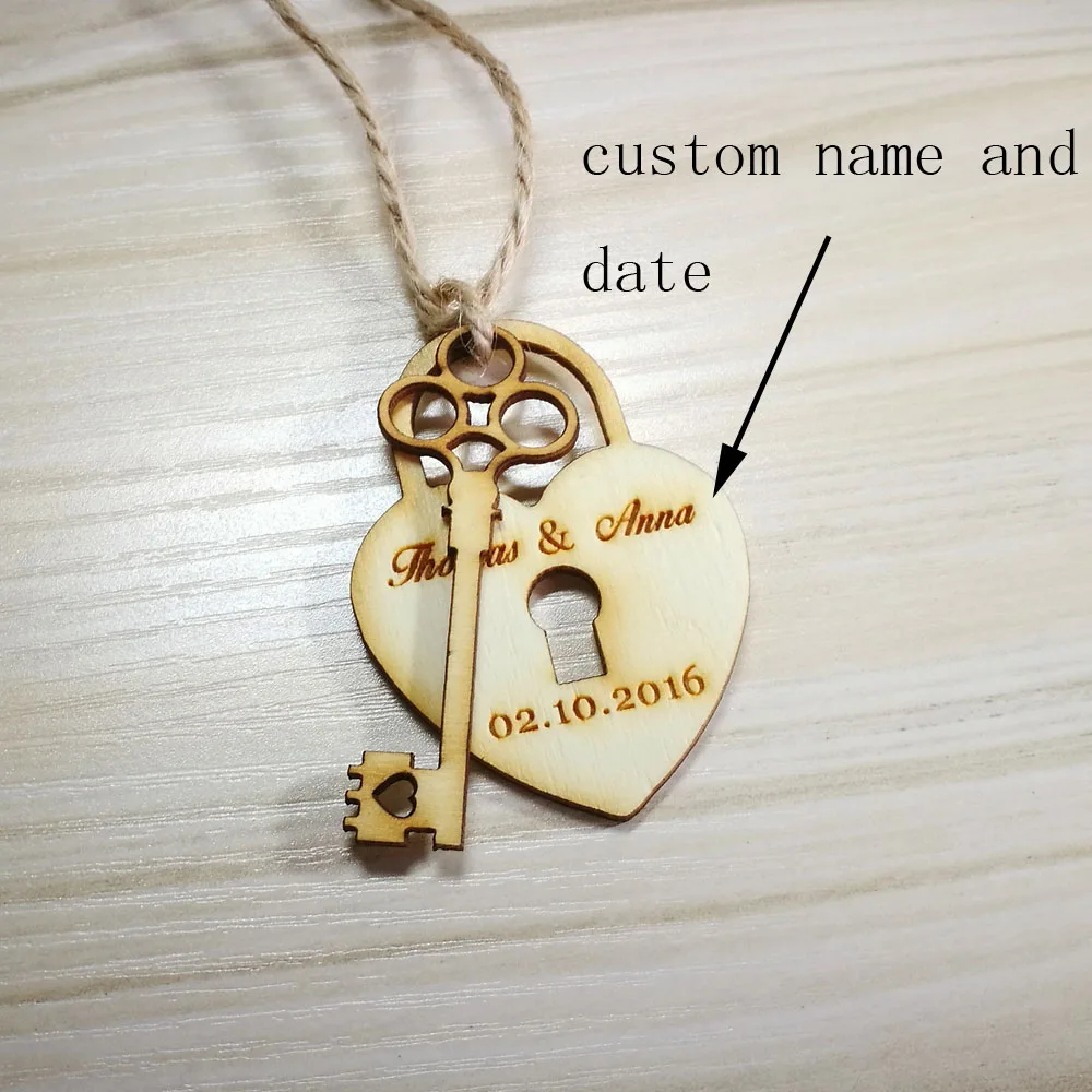 50 pcs Personalized custom Engraved wedding name and date Mirror Silver Gold wooden Key lock Wedding Gift Tags