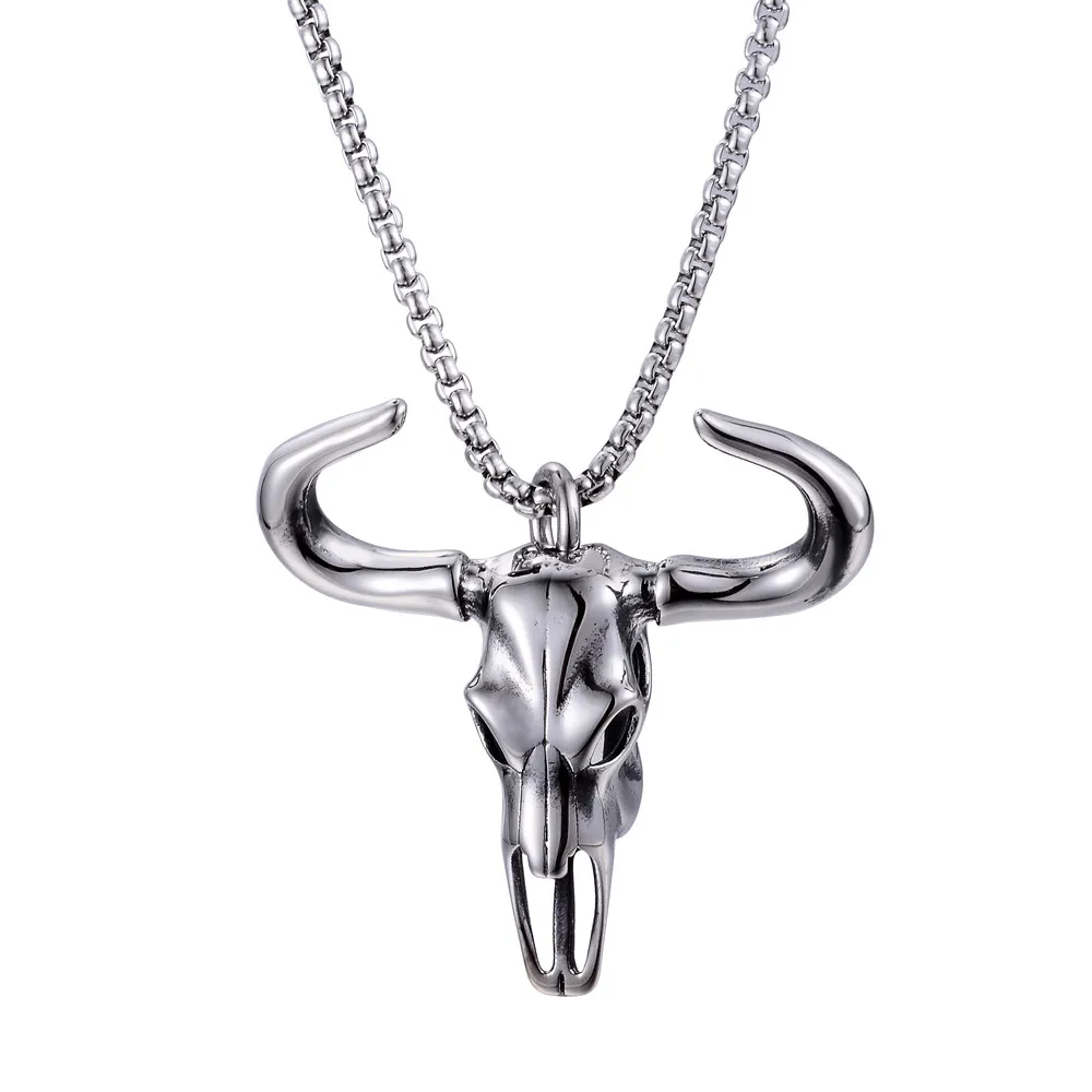 

Vintage Biker Bull Skull Head Necklace Male Satanic Cow Pagan Pendant Retro Necklce Men