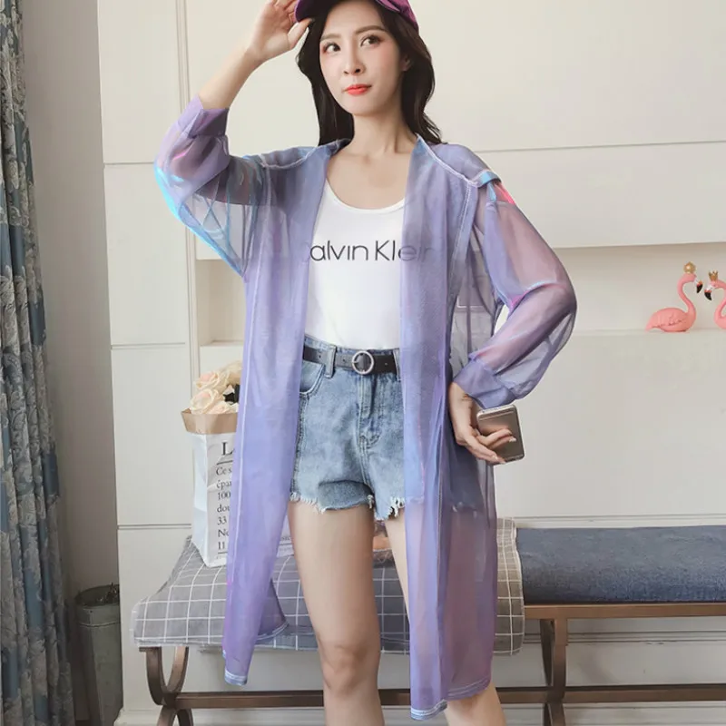

Summer Perspective Sunscreen Long Hooded Jacket Bright Coat Loose Wild Air Conditioning Ultra-thin Luster Cardigan 2019 Tops