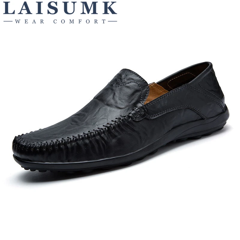 

2018 LAISUMK Summer Luxury Driving Breathable Genuine Leather Flats Loafers Men Shoes Casual Fashion Slip Large size 38-47