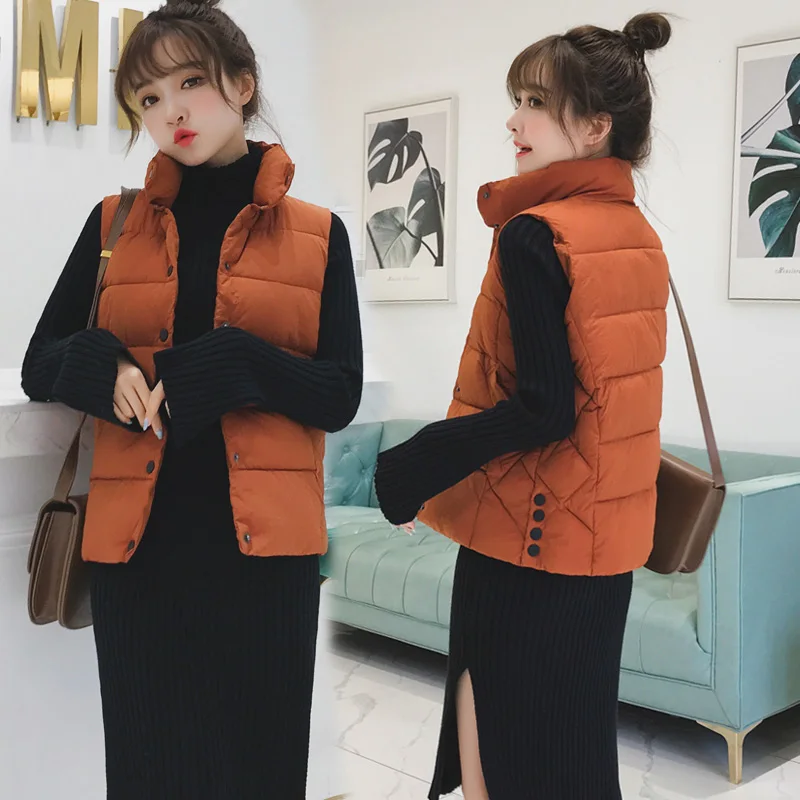 

Autumn Winter vest women stand collar button sigle breasted solid cotton padded waistcoat Casual sleeveless outwear vest coat