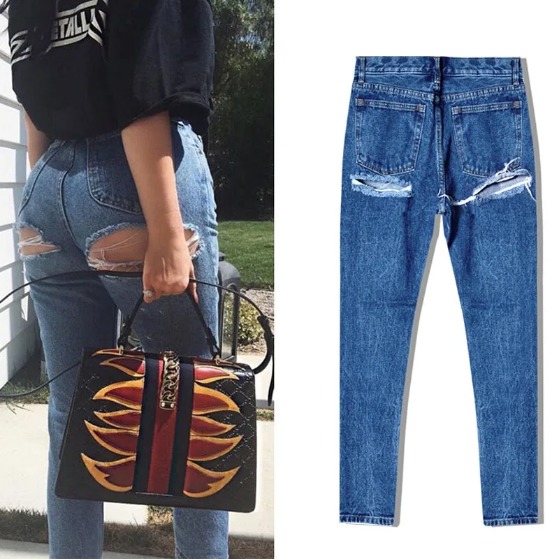 

Spring New Women Jeans High Waist Long Jeans Women Street Snap Super Sexy Dew Buttocks Hole In A Cowboy Pants Jeans Plus Size