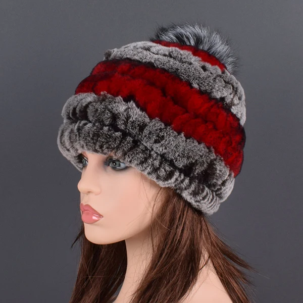 Шапка из меха кролика Рекс, женская зимняя шапка с помпоном, теплые шапки с натуральным мехом, вязаные эластичные женские шапки-бомберы черного и серого цвета - Color: Coffee Red