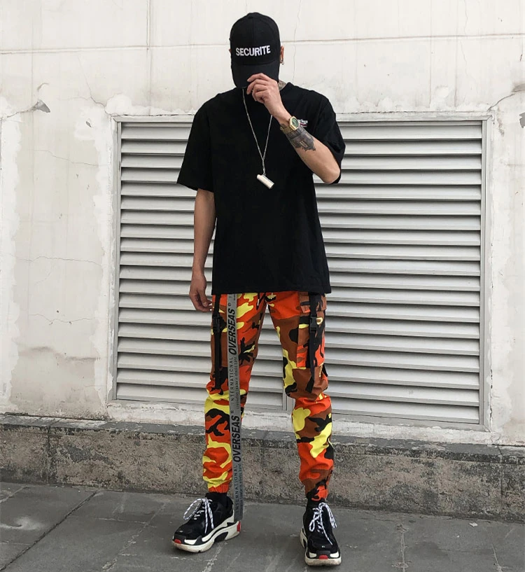 Новые мужские Оранжевые черные белые фиолетовые ленты военные камуфляжные тонкие джоггеры брюки карго уличная хип-хоп спортивные штаны