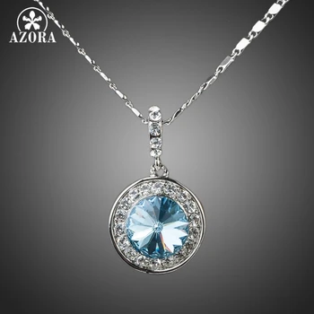 

AZORA White Gold Color Bule Stellux Austrian Crystal Round Pendant Necklace TN0069