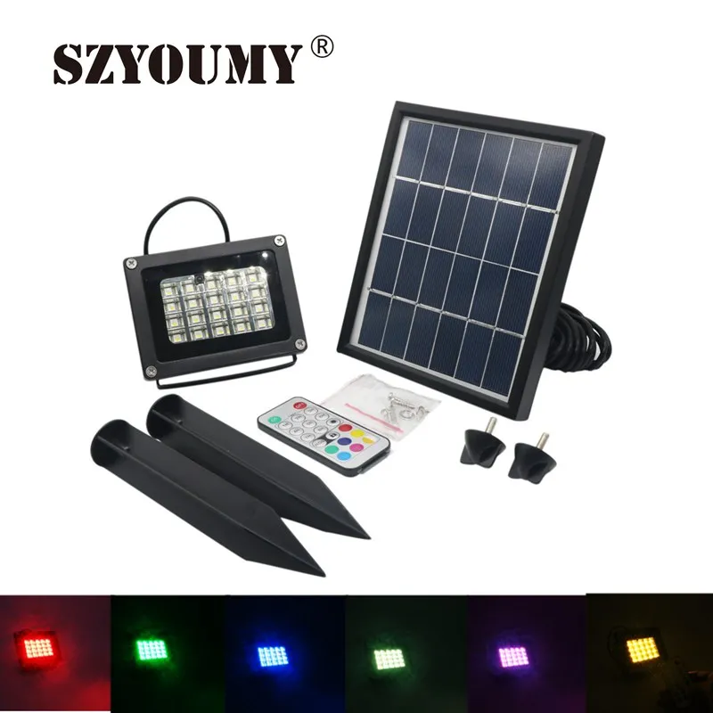 

SZYOUMY 20 Leds Solar Flood Lighting Waterproof Outdoor LED Solar Lamp Powered Garden Lights Multi-Function RGB WW+Controller