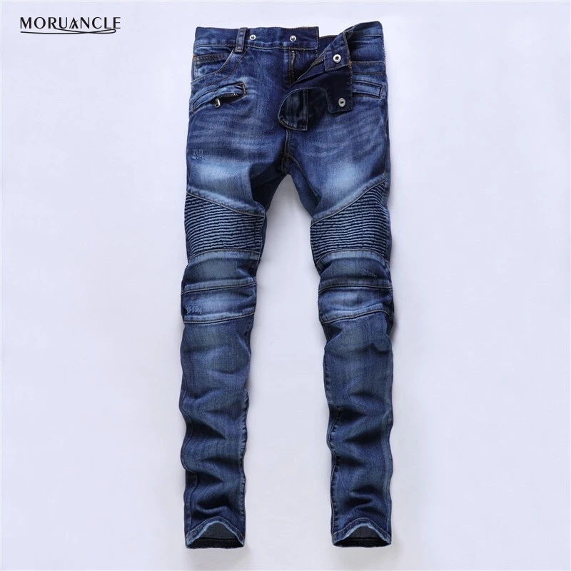 

Newsosoo Mens Designer Biker Jeans Motorcycle Denim Joggers Pleated Slim Fit Straight Pants Trousers Multi Zipper