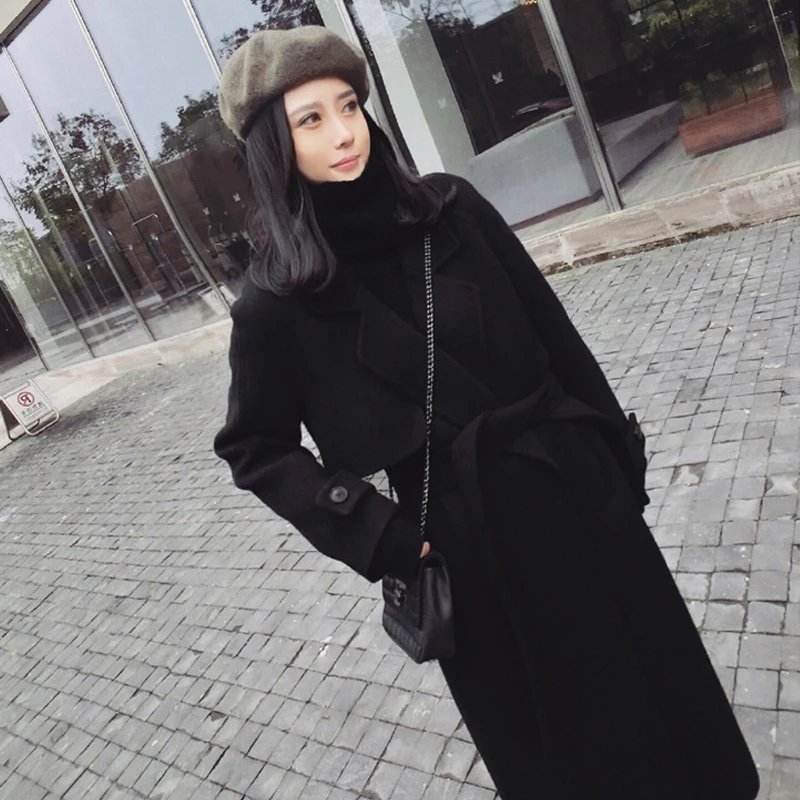 2018 winter woolen coat woman winter double-sided cashmere long section belt over the knees slim woolen coat owterwear jacket